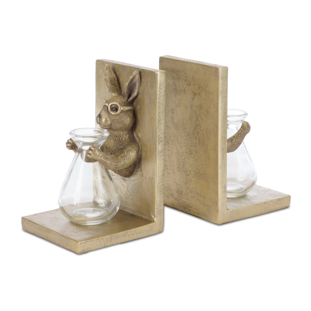 Rabbit Bookends w/Vase (Set of 2) 4.25"L x 7.25"H Resin/Glass
