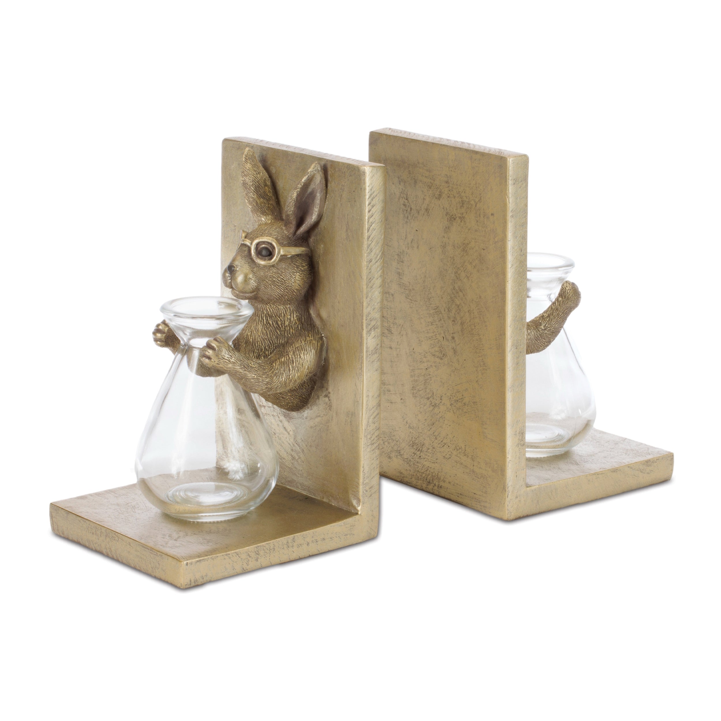 Rabbit Bookends w/Vase (Set of 2) 4.25"L x 7.25"H Resin/Glass