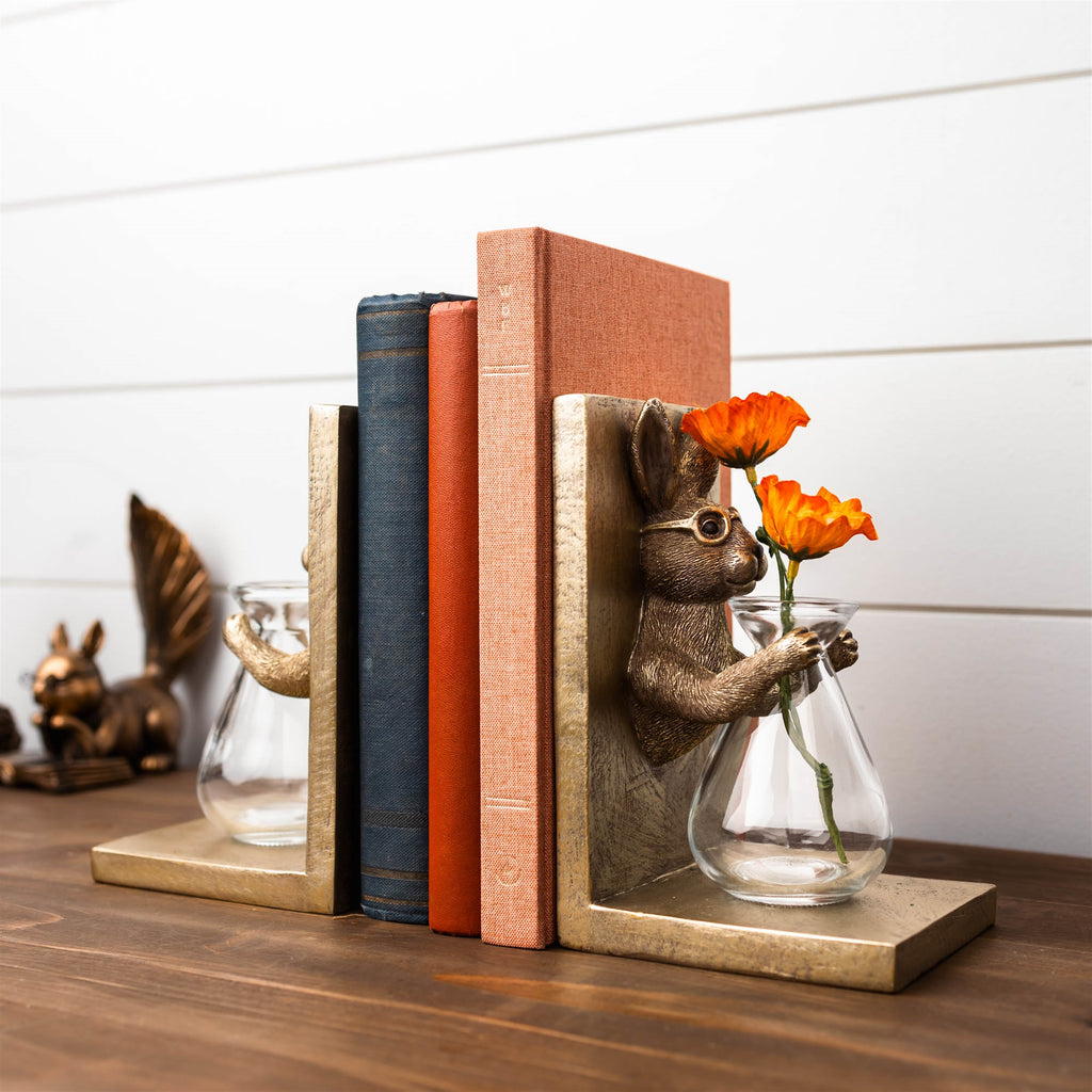 Rabbit Bookends w/Vase (Set of 2) 4.25"L x 7.25"H Resin/Glass