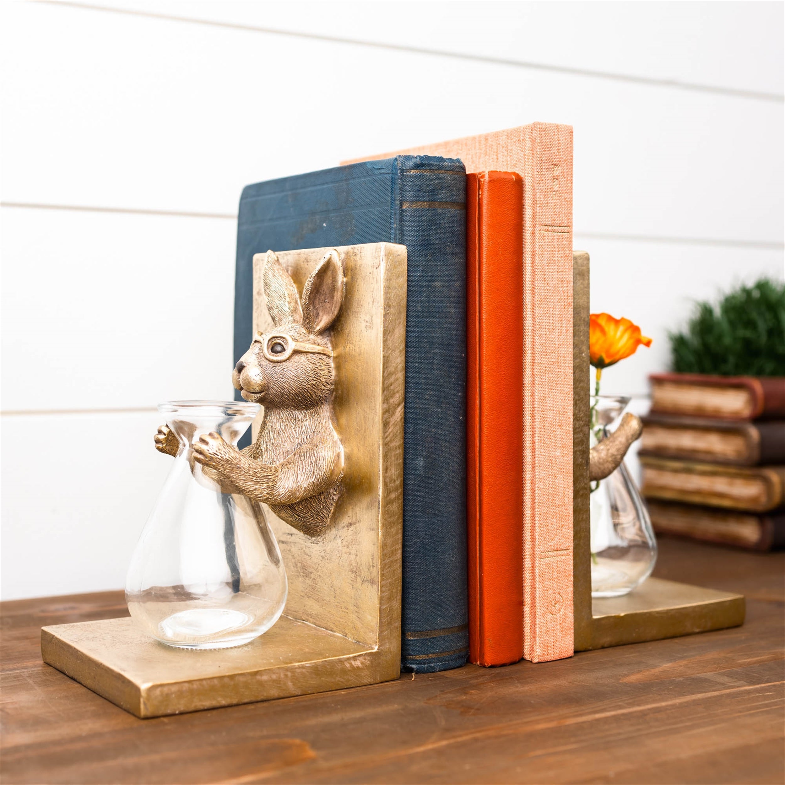 Rabbit Bookends w/Vase (Set of 2) 4.25"L x 7.25"H Resin/Glass