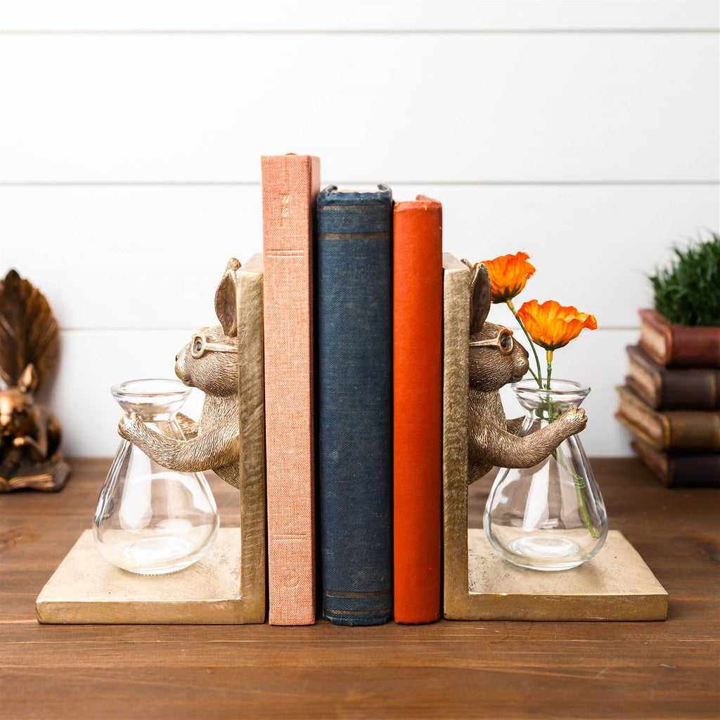 Rabbit Bookends w/Vase (Set of 2) 4.25"L x 7.25"H Resin/Glass