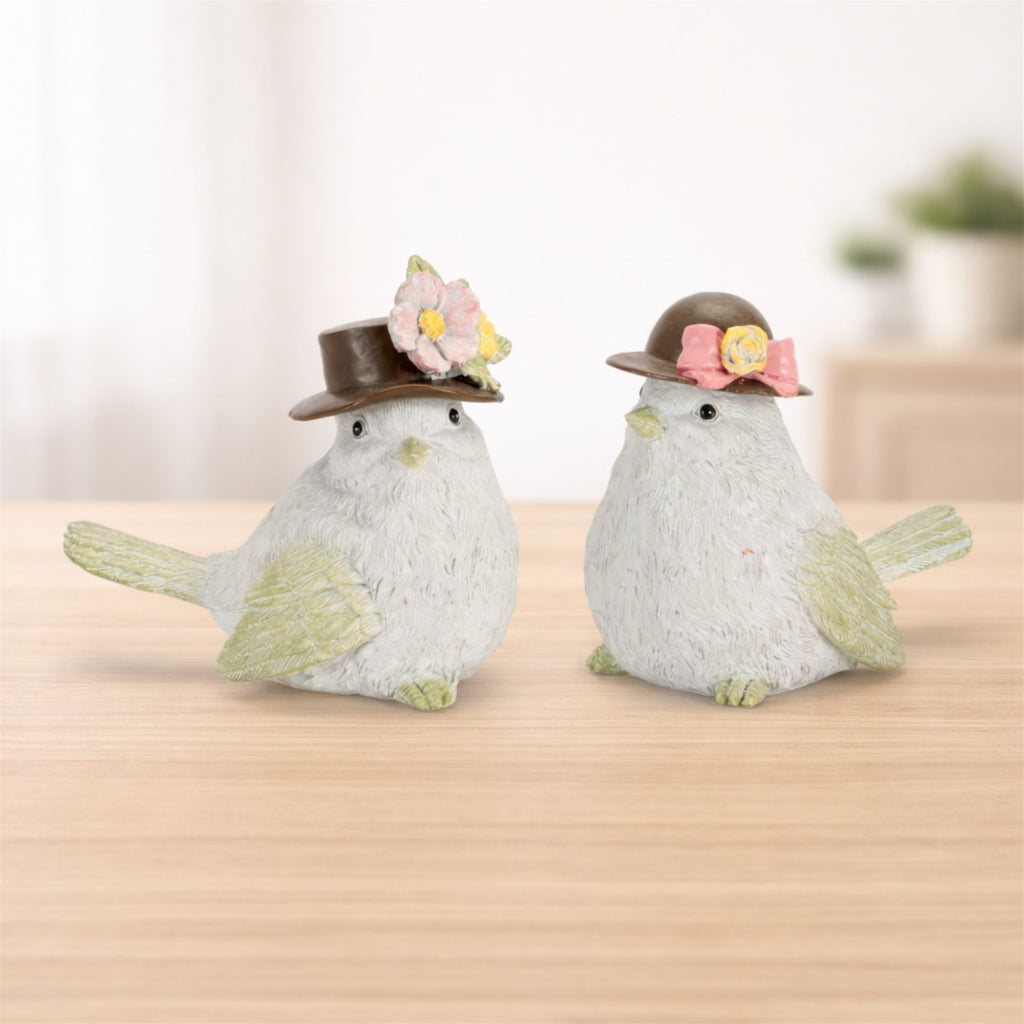 Bird w/Hat (Set of 2) 3.5"H, 4"H Resin
