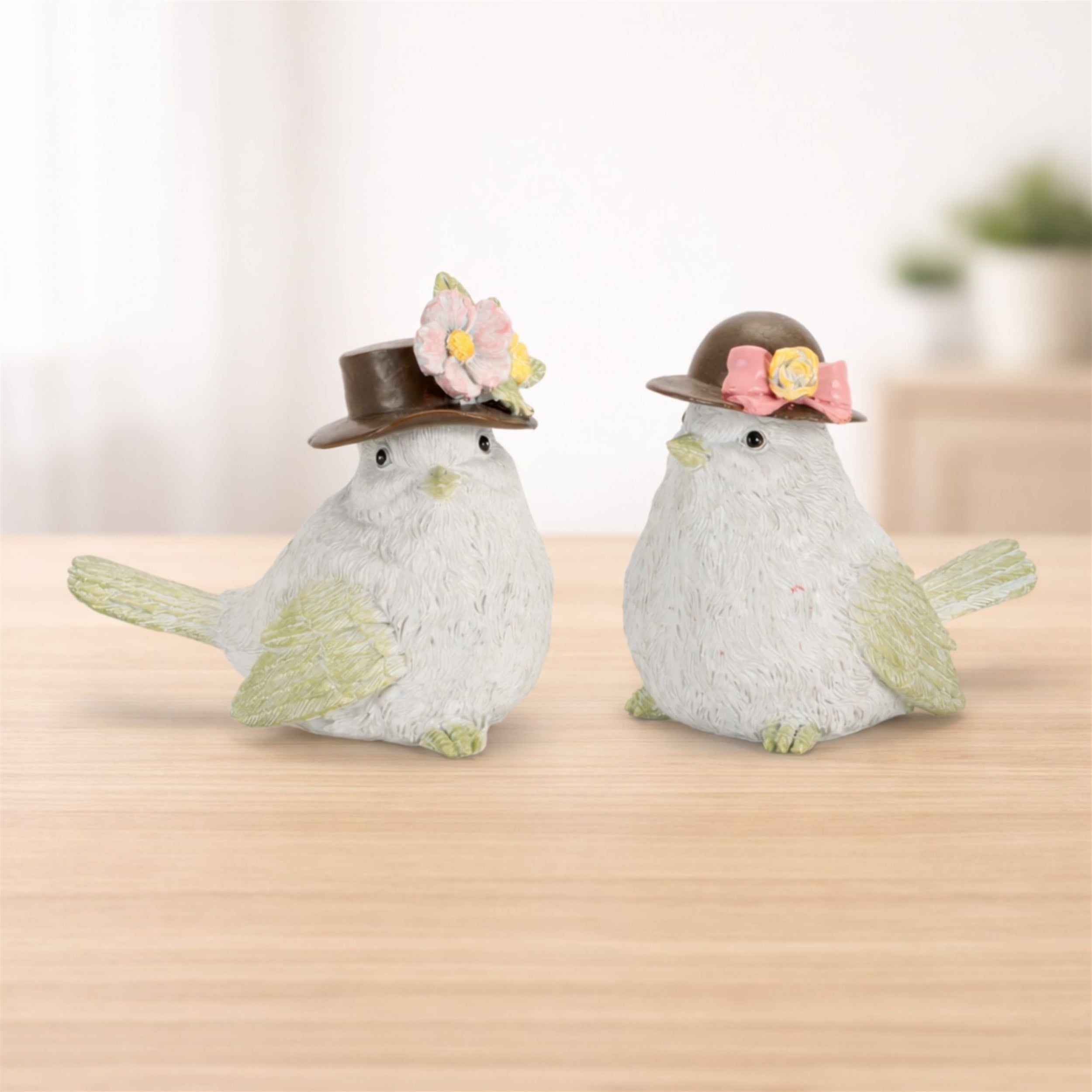 Bird w/Hat (Set of 2) 3.5"H, 4"H Resin