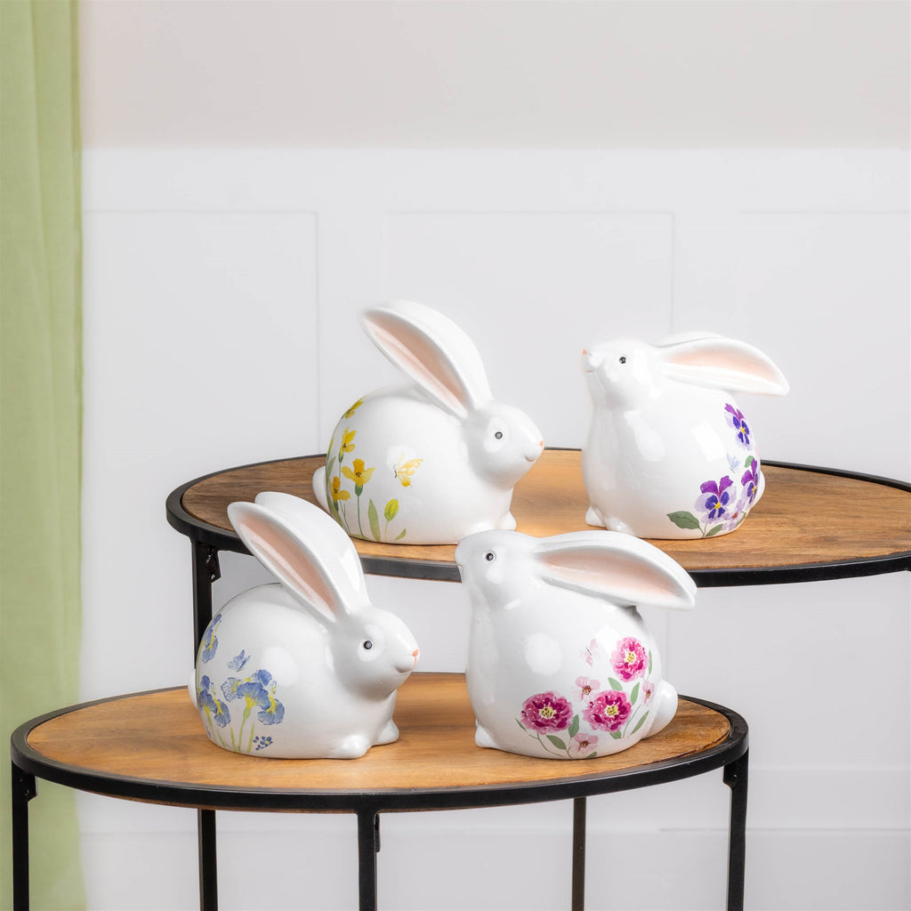 Rabbit w/Floral (Set of 4) 5"H, 5.75"H Terra Cotta