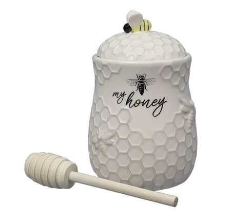 Ceramic Honey Jar with Wood Honey Dipper