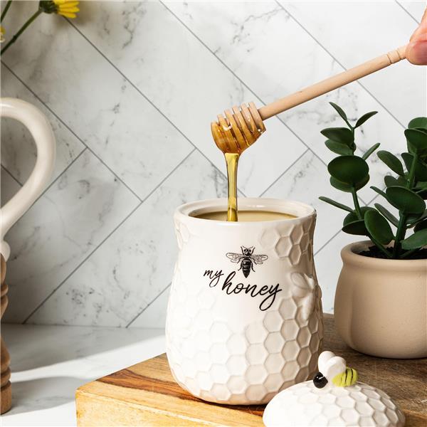 Ceramic Honey Jar with Wood Honey Dipper