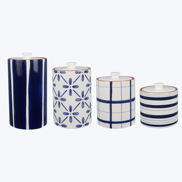 Ceramic cylindrical Blue and White Canister Set-4 pcs