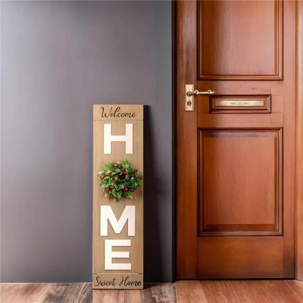 Wood HOME Door Leaner Sign Includes Three Interchangeable Seasonal Wreaths