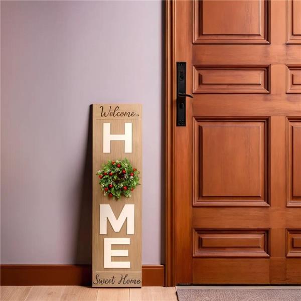 Wood HOME Door Leaner Sign Includes Three Interchangeable Seasonal Wreaths