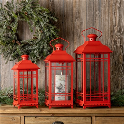 Traditional Red Metal Lantern (Set of 3)