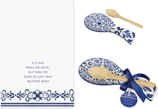 Ceramic Blue and White Talavera Spoon Rest with Bamboo Spoon and Tea Towel