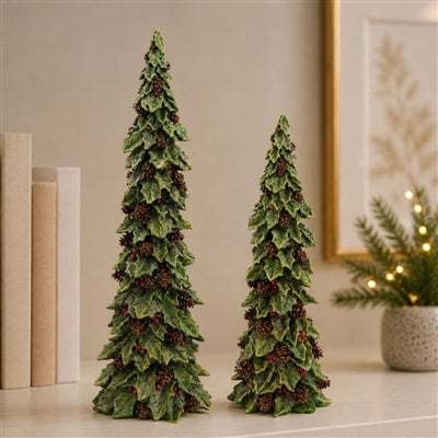 Holly Leaf Holiday Trees with Pinecone Accents (Set of 2)