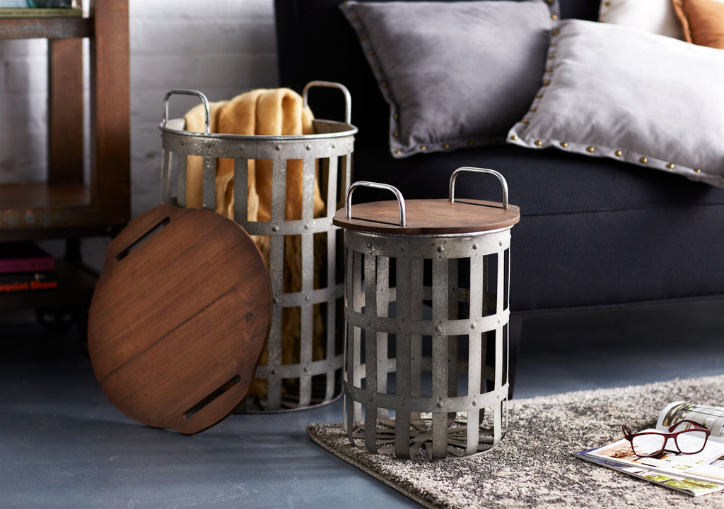 Metal and Wood Side Basket Tables (Set of 2)