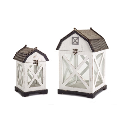 Distressed White Wood Barn Style Lantern (Set of 2)