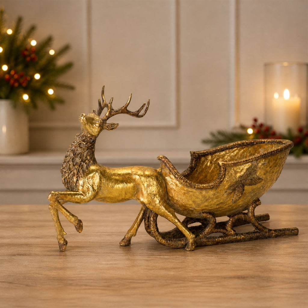 Bronze Metal Deer with Sleigh Display 19"L