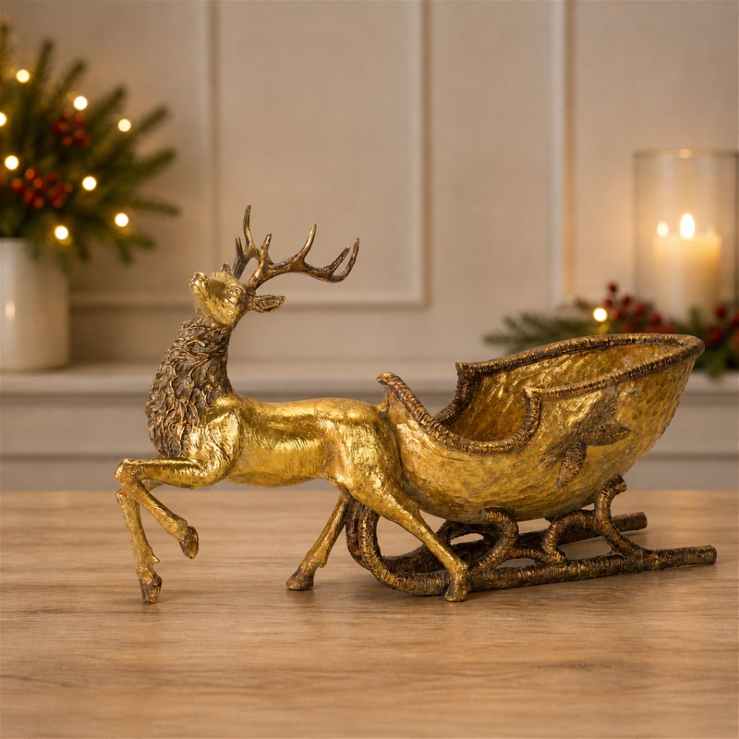 Bronze Metal Deer with Sleigh Display 19"L