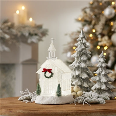 LED Church Snow Globe with Pine Accents 10.5"H