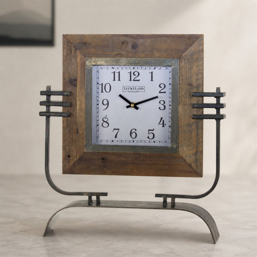 Clock On Stand 15" x 17.5"H Iron/Wood