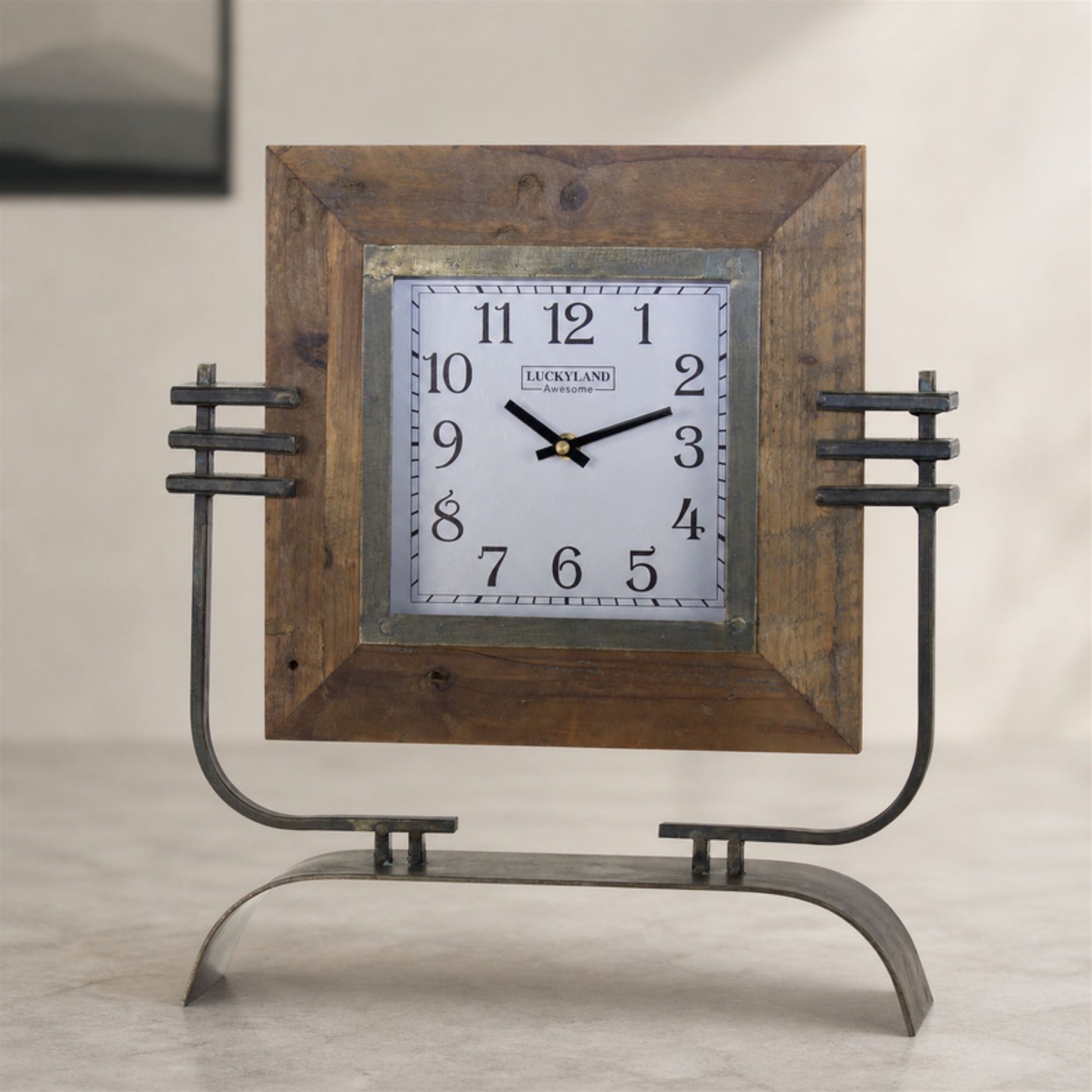 Clock On Stand 15" x 17.5"H Iron/Wood