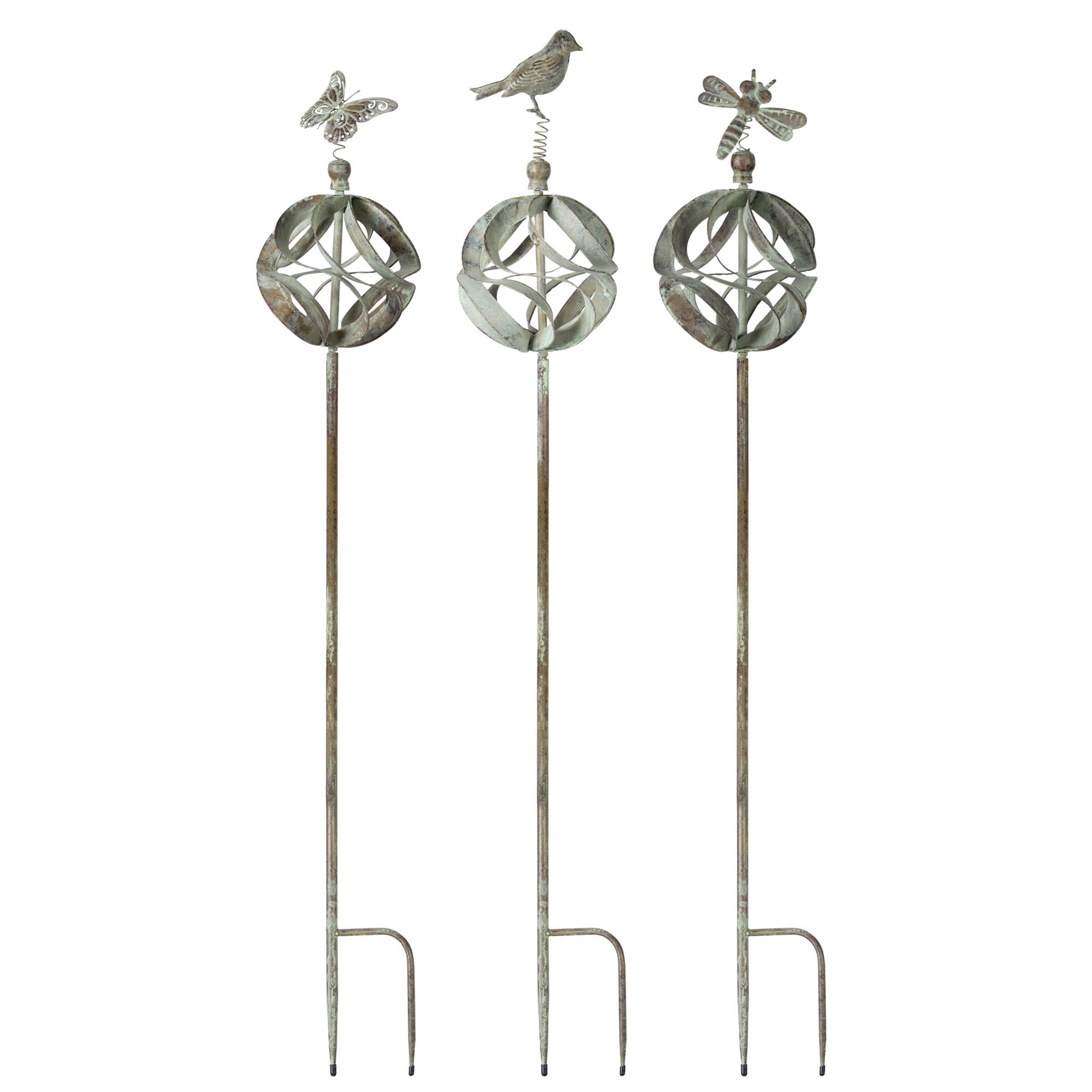Ornamental Metal Garden Stake with Bird and Insect Accents (Set of 3)