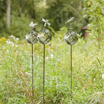 Ornamental Metal Garden Stake with Bird and Insect Accents (Set of 3)