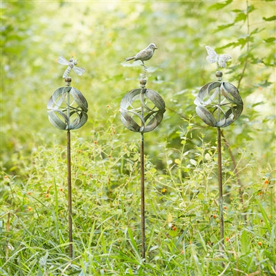 Ornamental Metal Garden Stake with Bird and Insect Accents (Set of 3)