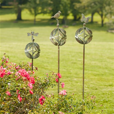 Ornamental Metal Garden Stake with Bird and Insect Accents (Set of 3)
