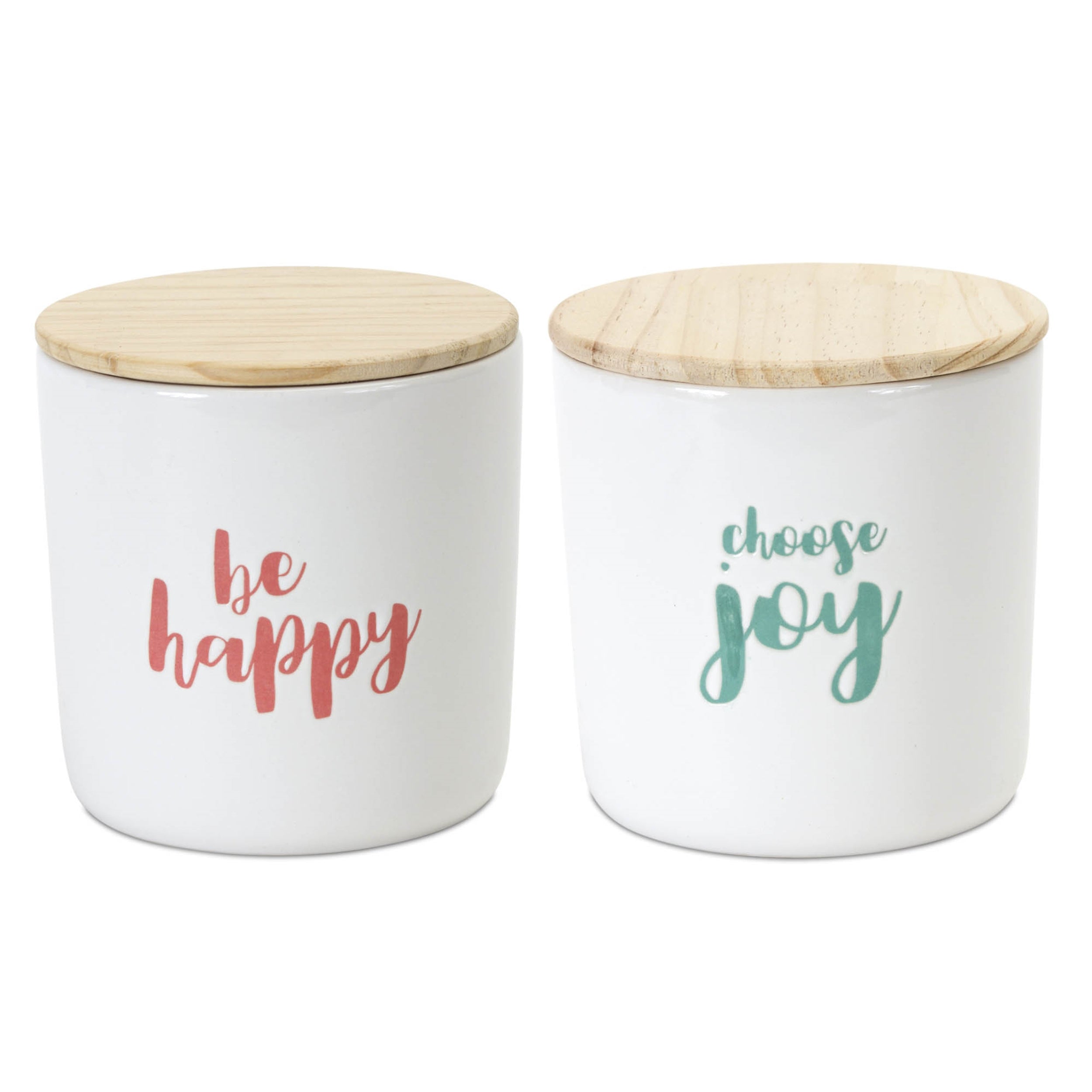 Stoneware Happy Sentiment Canister with Wood Lid (Set of 2)