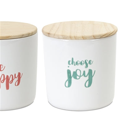Stoneware Happy Sentiment Canister with Wood Lid (Set of 2)