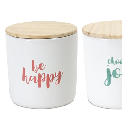 Stoneware Happy Sentiment Canister with Wood Lid (Set of 2)