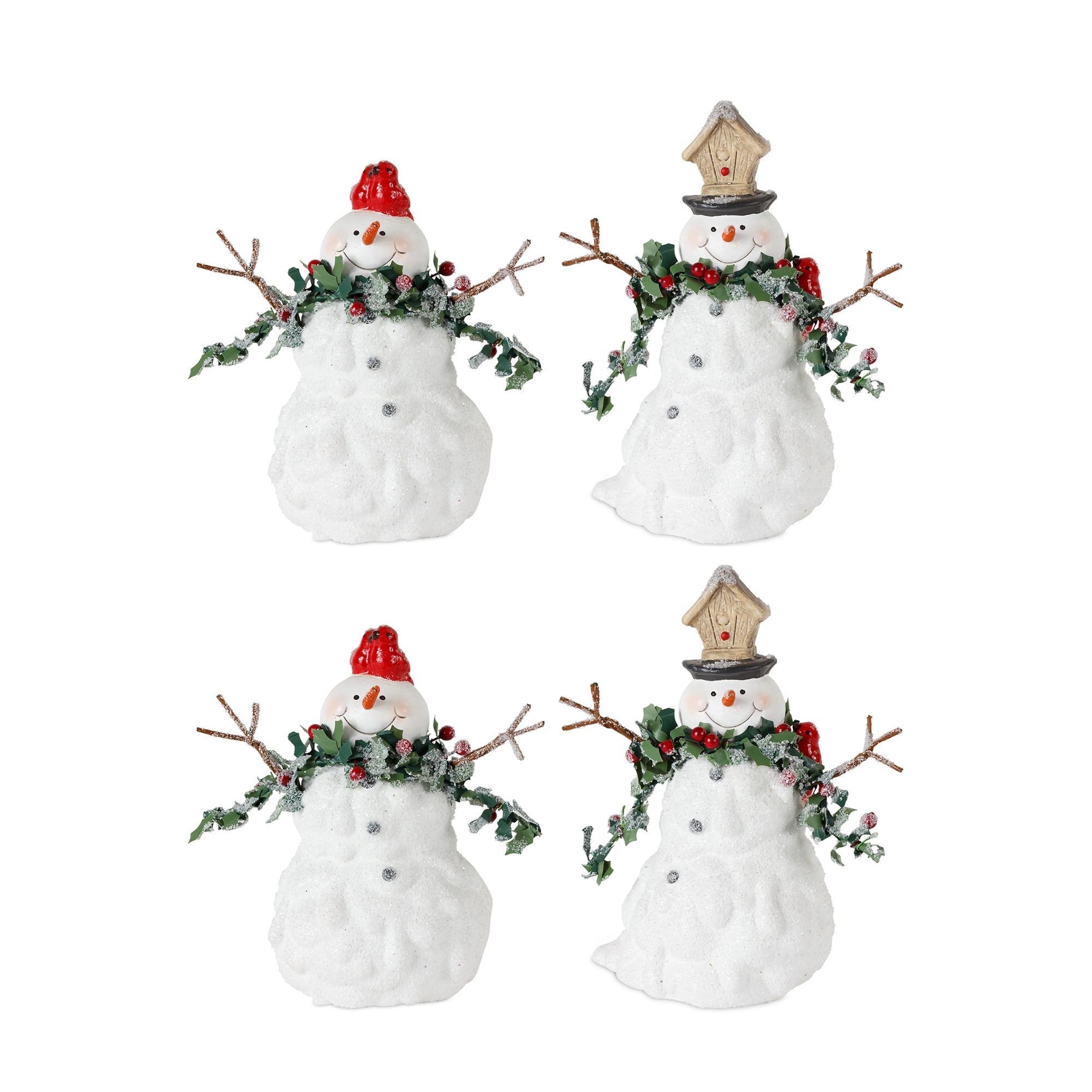 Terra Cotta Melted Snowman Family with Bird and Pine Accents (Set of 4)