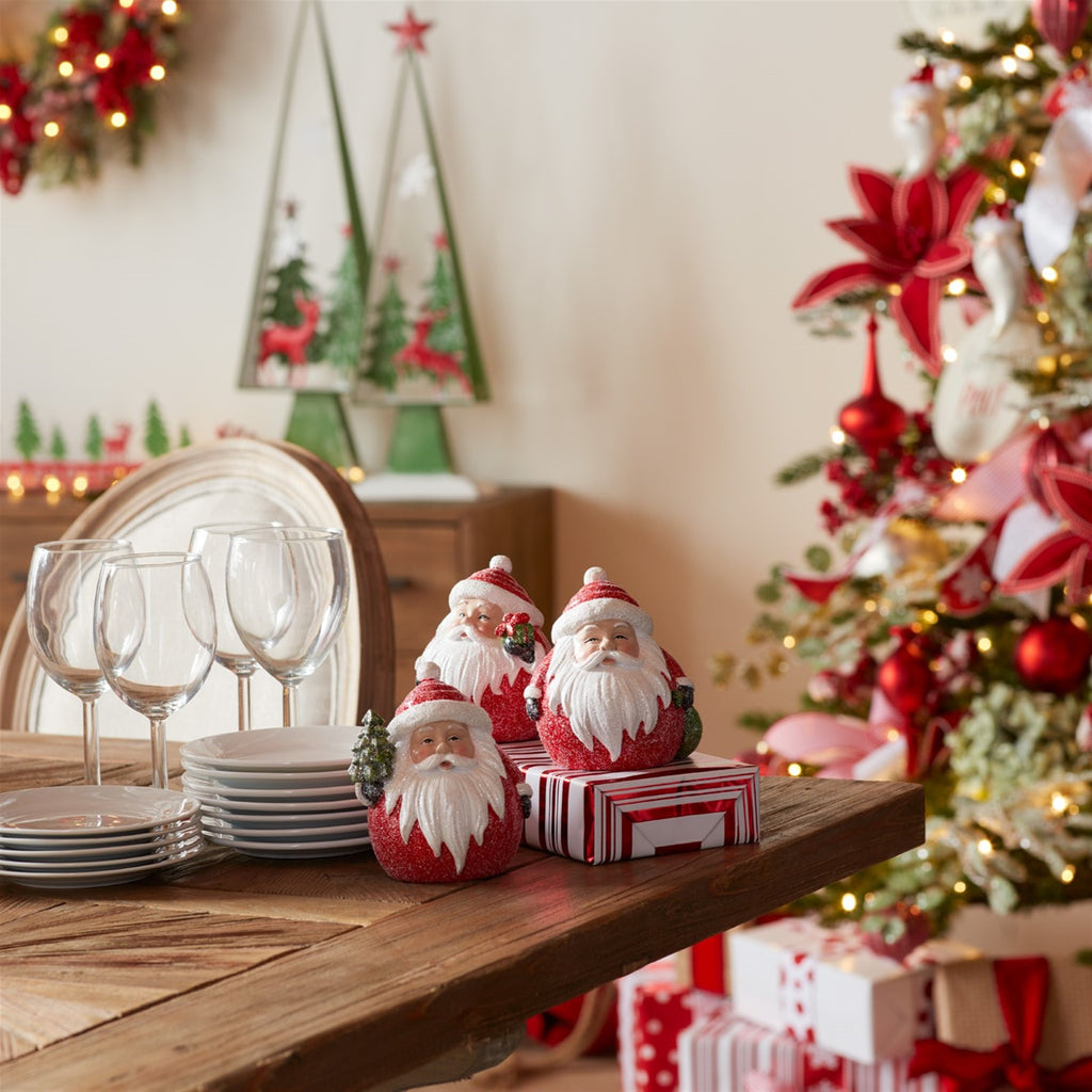 Frosted Round Santa Figure with Bird and Pine Accent (Set of 6)