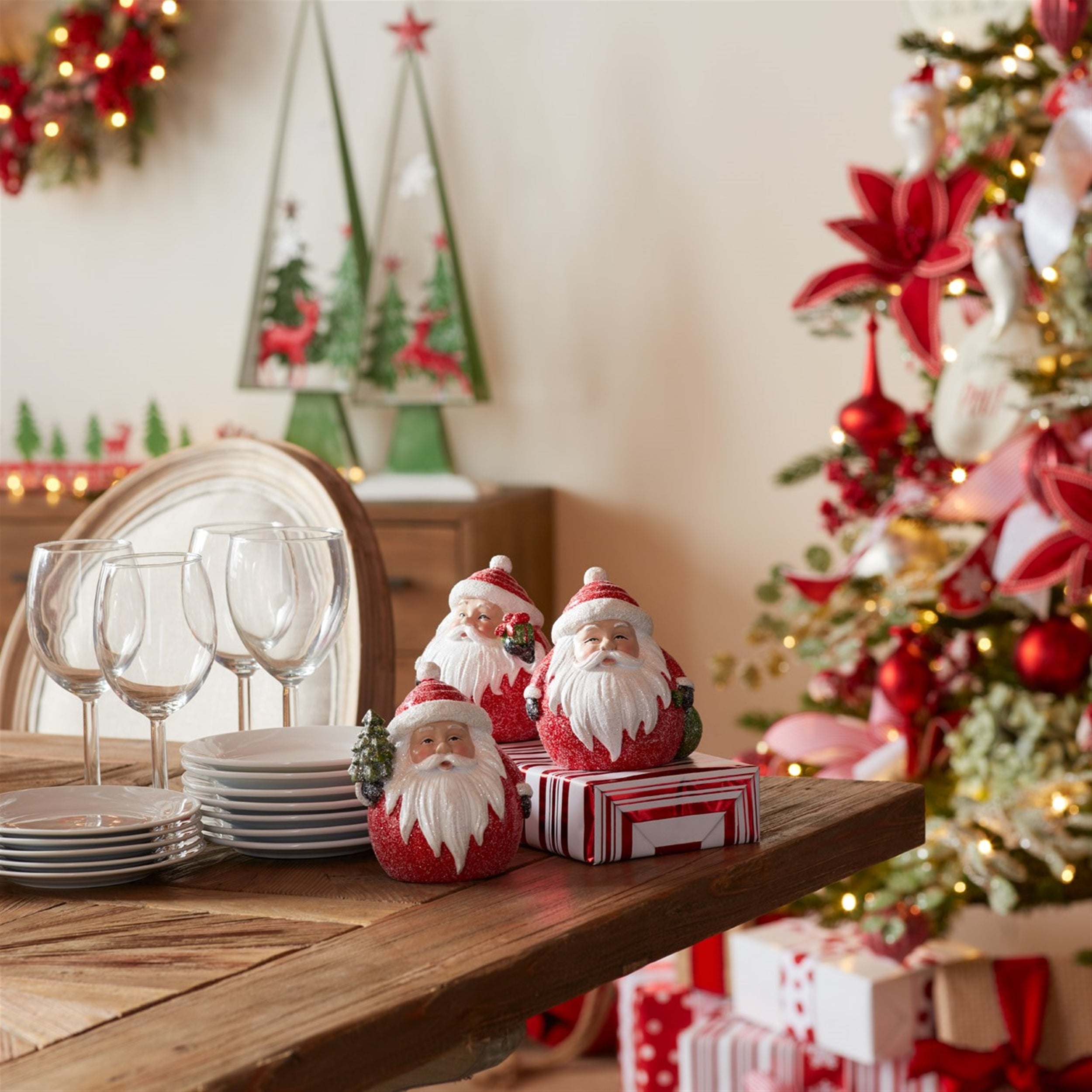 Frosted Round Santa Figure with Bird and Pine Accent (Set of 6)