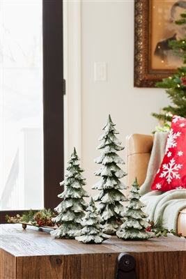 Green Flocked Pine Tree Decor (Set of 4)