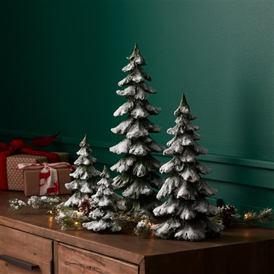 Green Flocked Pine Tree Decor (Set of 4)