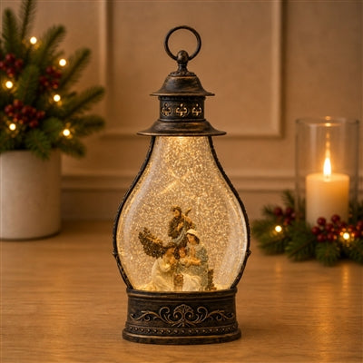 LED Snow Globe Lantern with Holy Family Nativity Scene 15.5"H