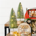 LED Lighted Green Bottle Brush Tree with Wood Base and Gold Accent (Set of 4) 10.75"H, 14"H