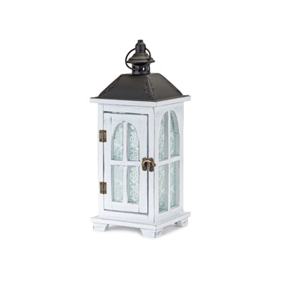 White Wood Lantern with Ornate Frosted Glass (Set of 2)