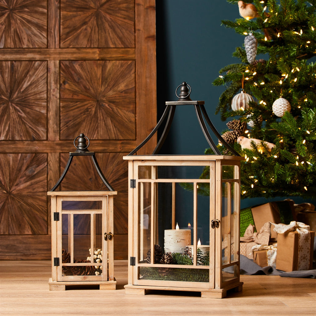 Natural Wood Lantern with Open Metal Lid (Set of 2)
