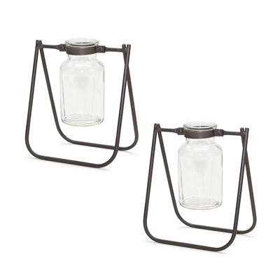 Hanging Glass Jar Vase with Metal Stand (Set of 2)