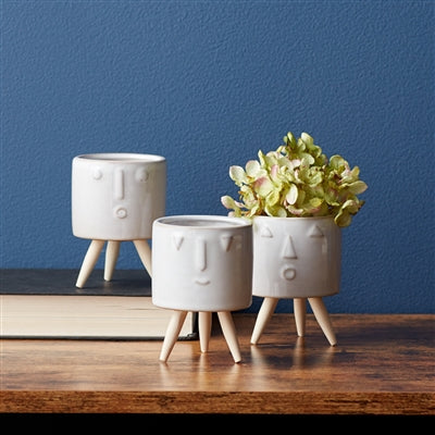 Porcelain Face Planter with Wooden Legs (Set of 3)