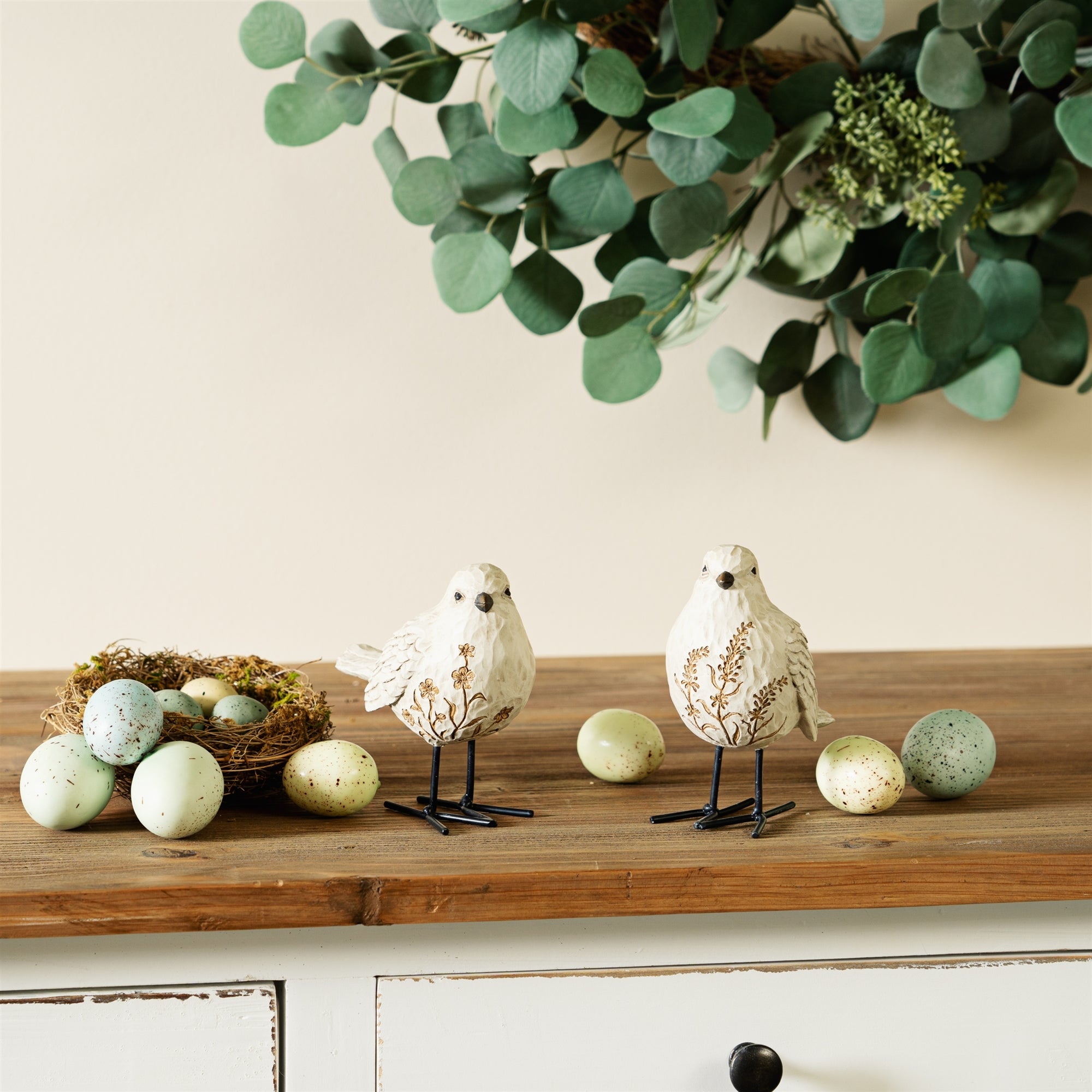 Bird Figurine with Carved Floral Design (Set of 2)
