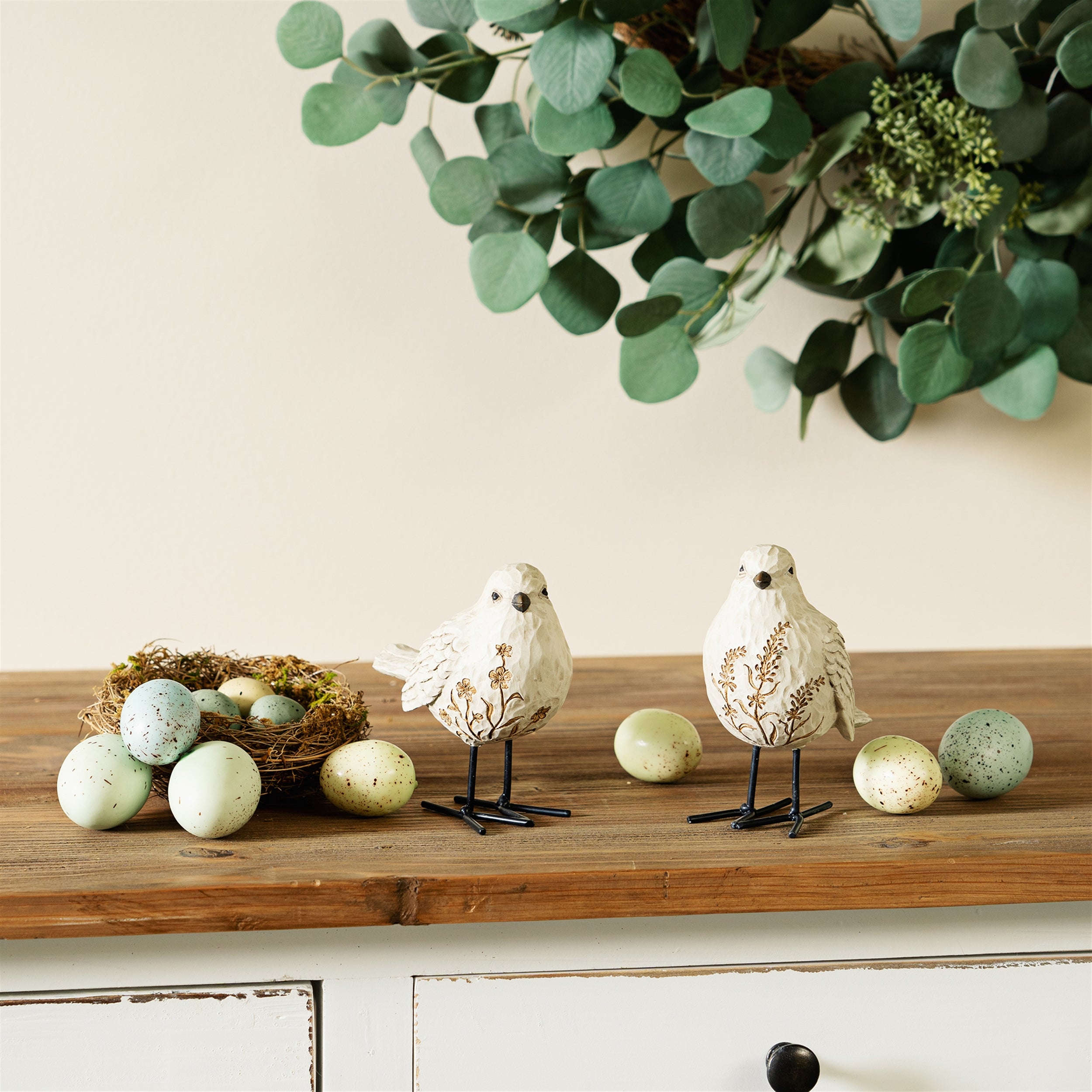 Bird Figurine with Carved Floral Design (Set of 2)