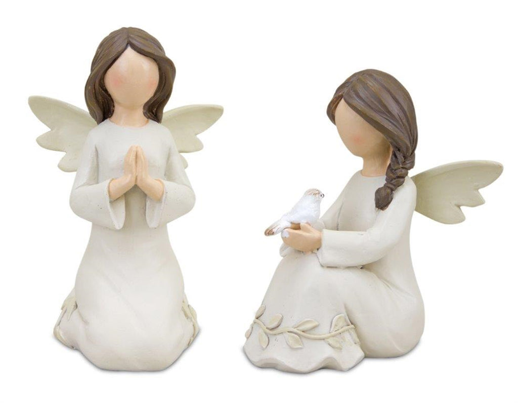 Beige Angel Figurine with Raised Floral Accent (Set of 2)
