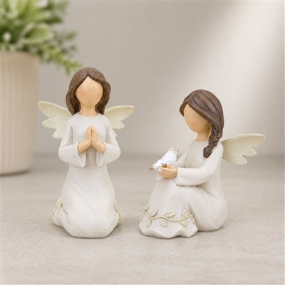 Beige Angel Figurine with Raised Floral Accent (Set of 2)