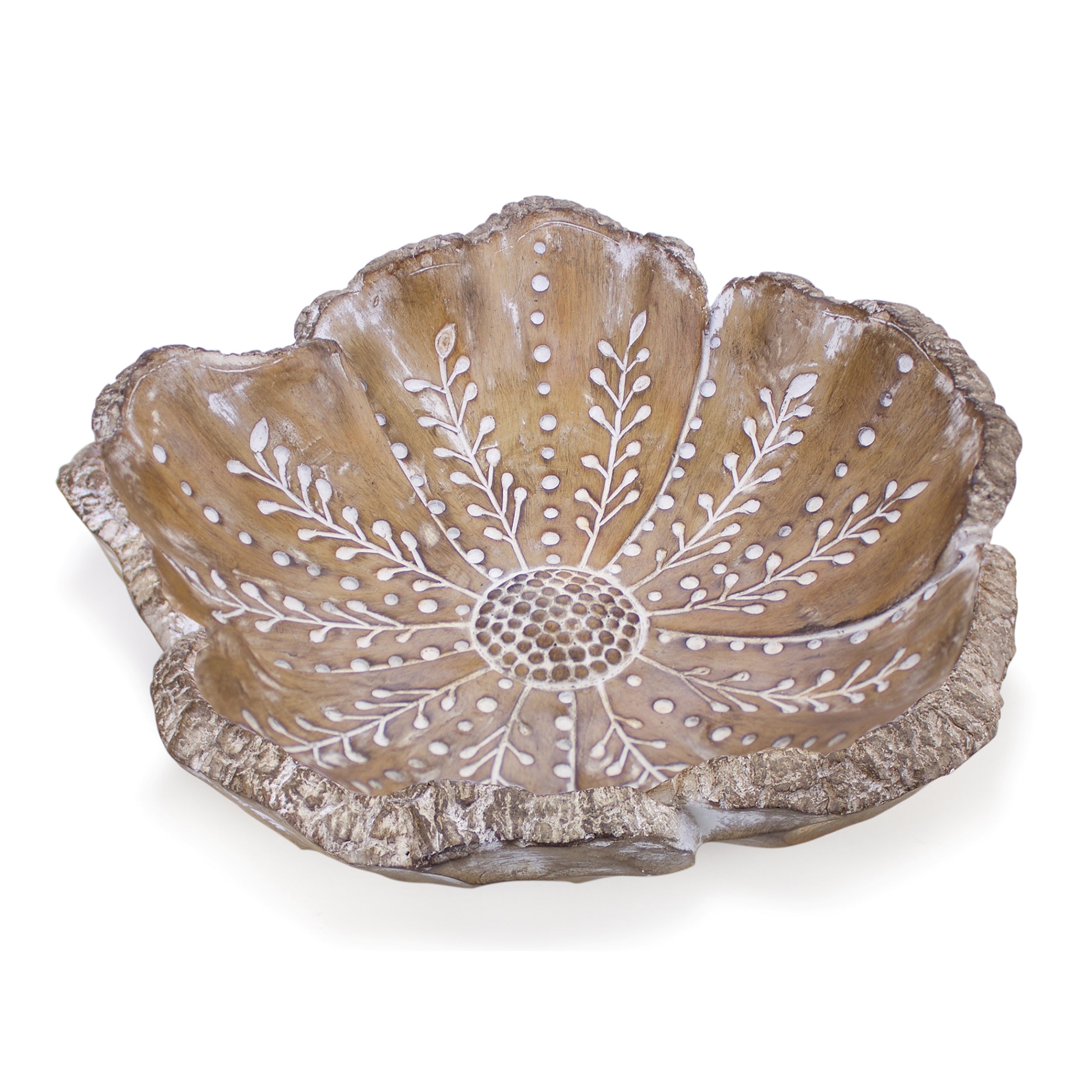 Carved Wood Design Flower Bowl 12.75"D