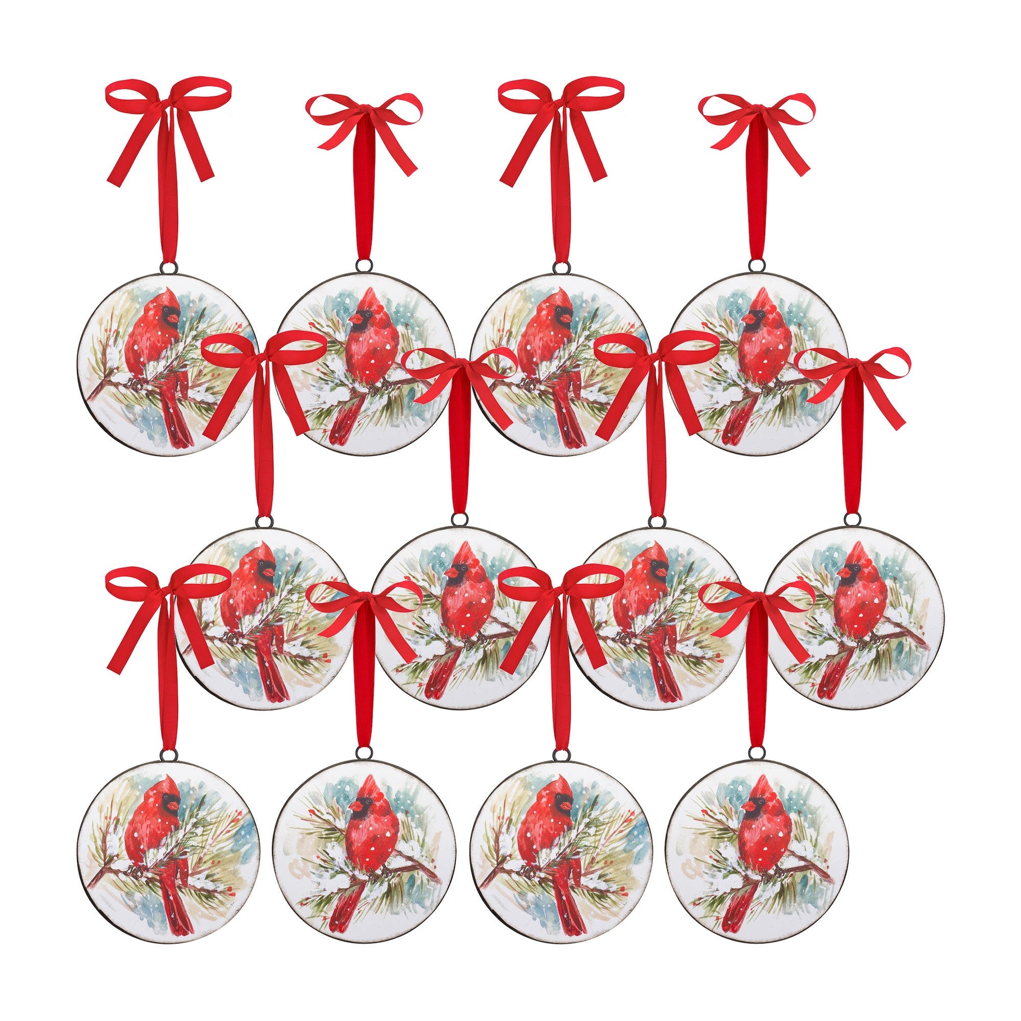 Winter Cardinal and Pine Branch Disc Ornament (Set of 12)