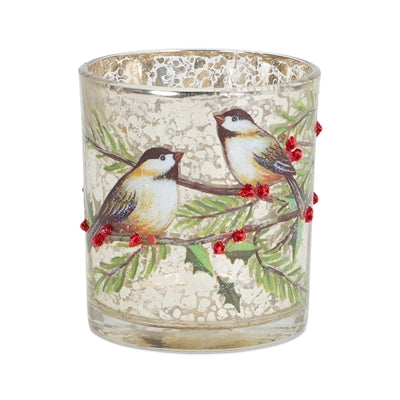 Mercury Glass Votive Candle Holder with Bird and Berry Branch (Set of 6)