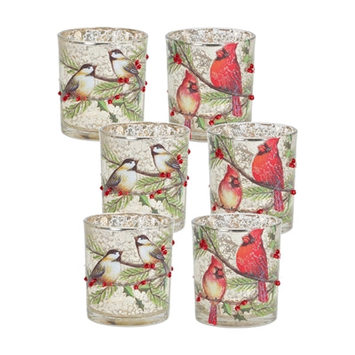 Mercury Glass Votive Candle Holder with Bird and Berry Branch (Set of 6)