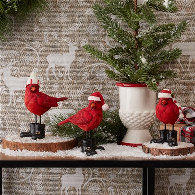 Winter Cardinal Bird Figurine with Santa Boots and Hat (Set of 3)